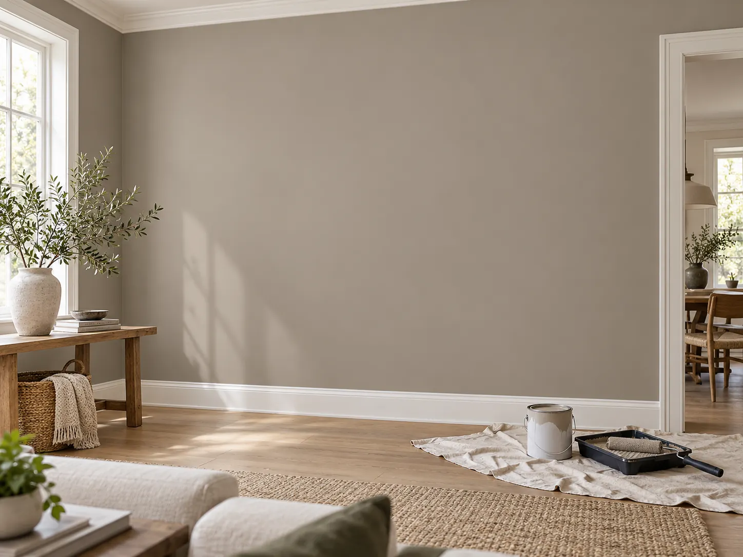 Living room with a soft stone painted wall